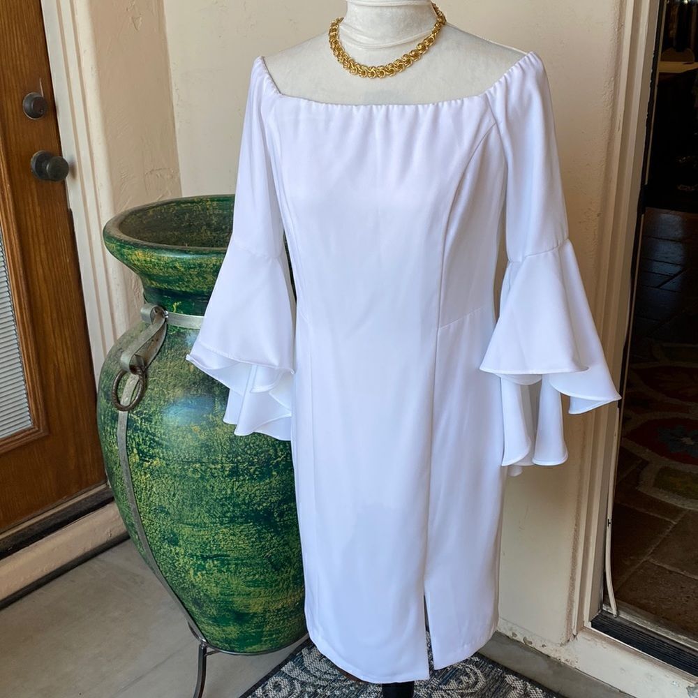 Venus white cascading sleeve off the shoulder dress size 8